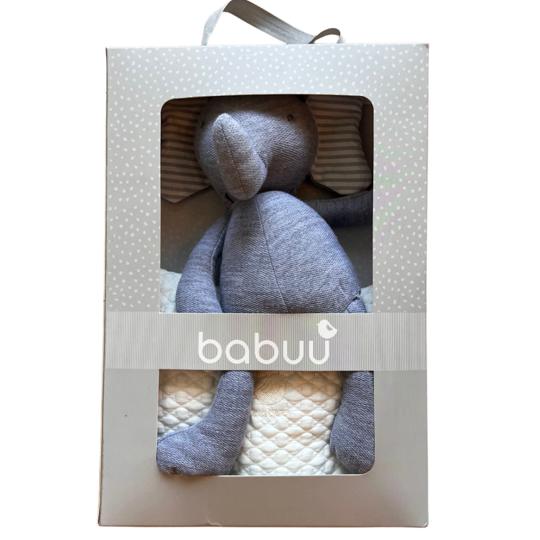 Babuu Baby Caja Mini Almohada Blanca con Mono Elefante Gris