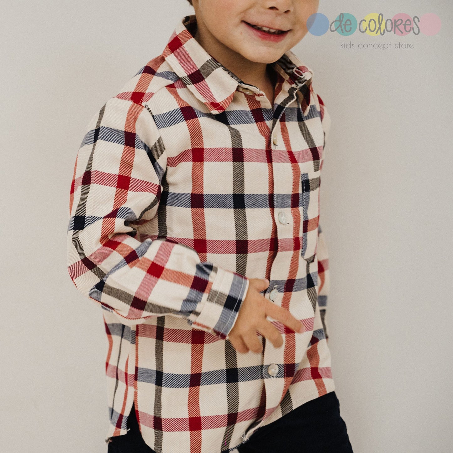 Camisa Inv. ML Beige con Cuadros Marino y Rojo